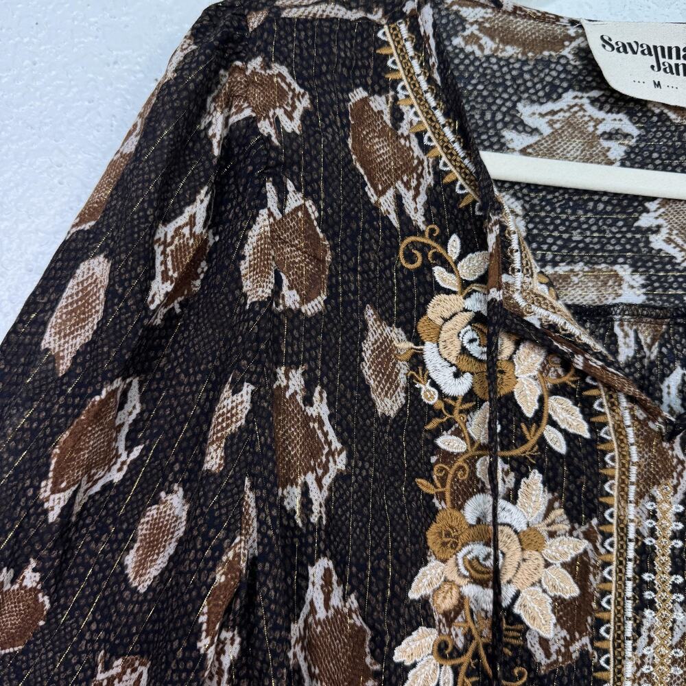 Savanna Jane Top Womens Medium Embroidered Floral Animal Snake Metallic Blouse - Picture 7 of 11